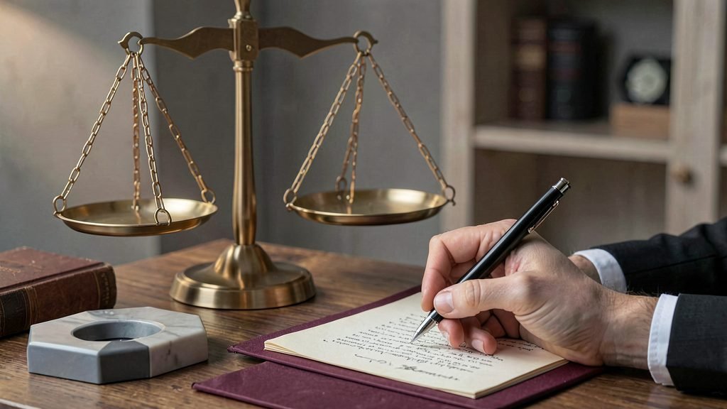 Fotografía ilustrativa: pluma firmando documentos junto a una balanza de la justicia